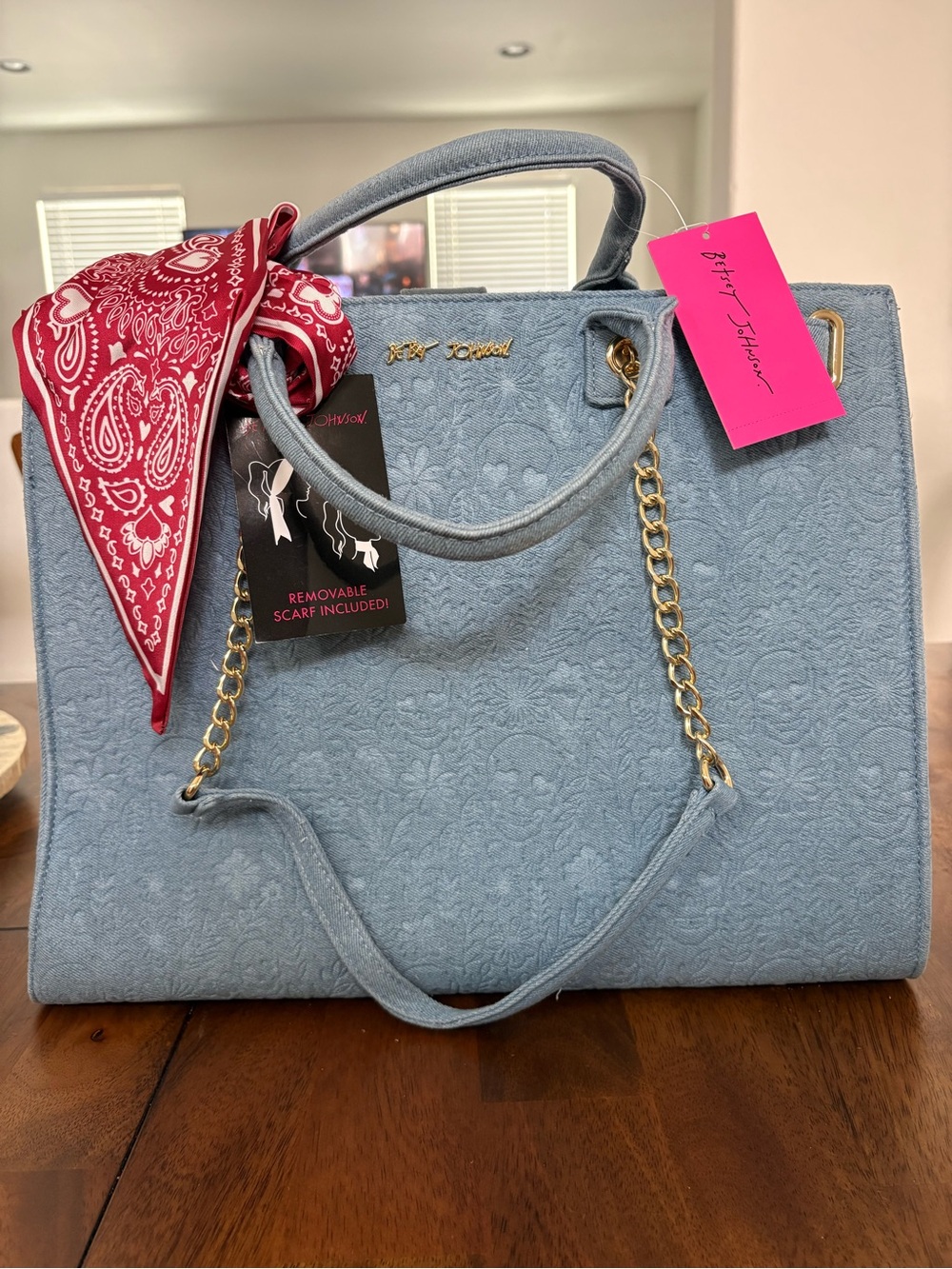 Betsey Johnson Powder Blue Quilted Tote with Removable Red Bandana Scarf
